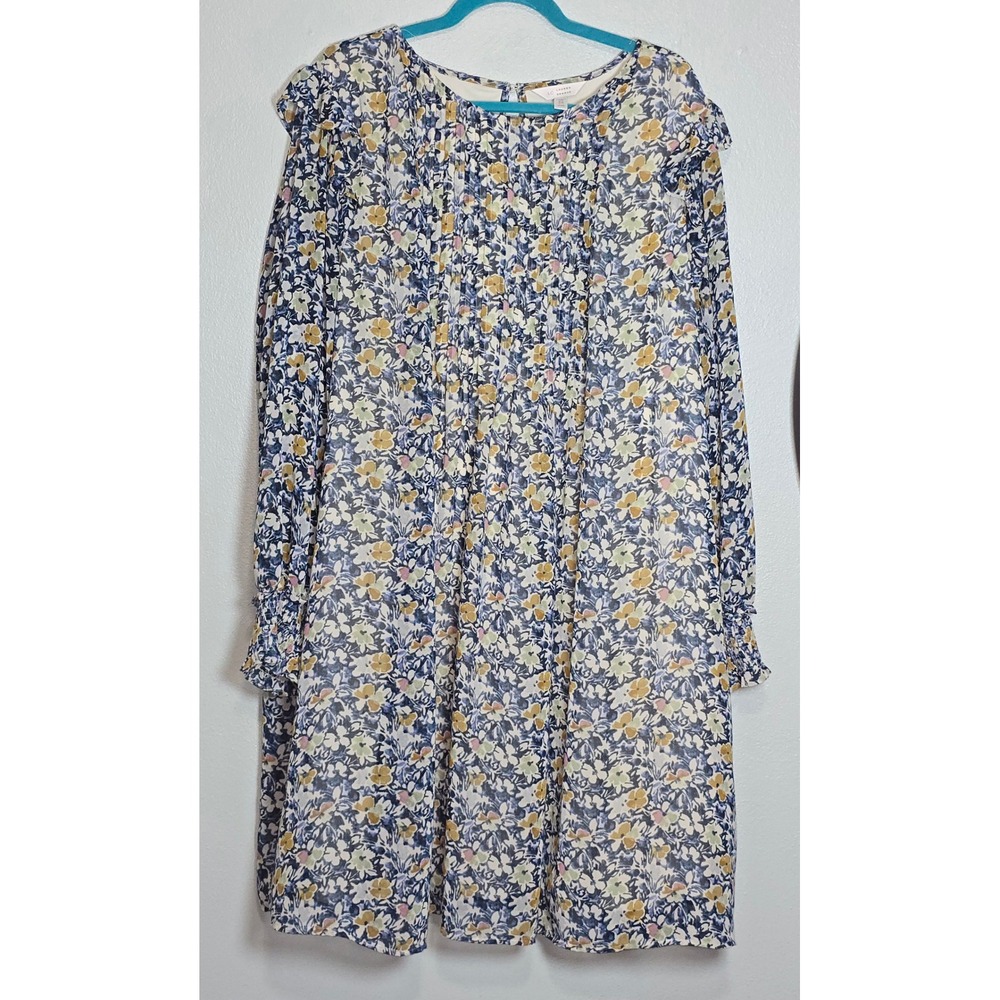 LC Lauren Conrad Floral Pleated Ruffle Shift Dress Plus 3X Blue Yellow Chiffon